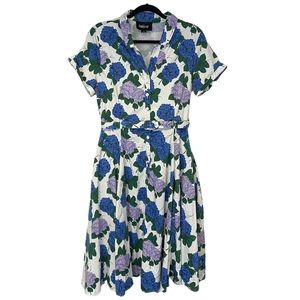 Collectif Caterina Hortensia White Purple Floral Button Up Collared Midi Dress L